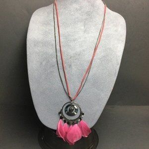 Pink Feather Medallion Necklace Silver Maroon Suede Cord Double Strand Boho